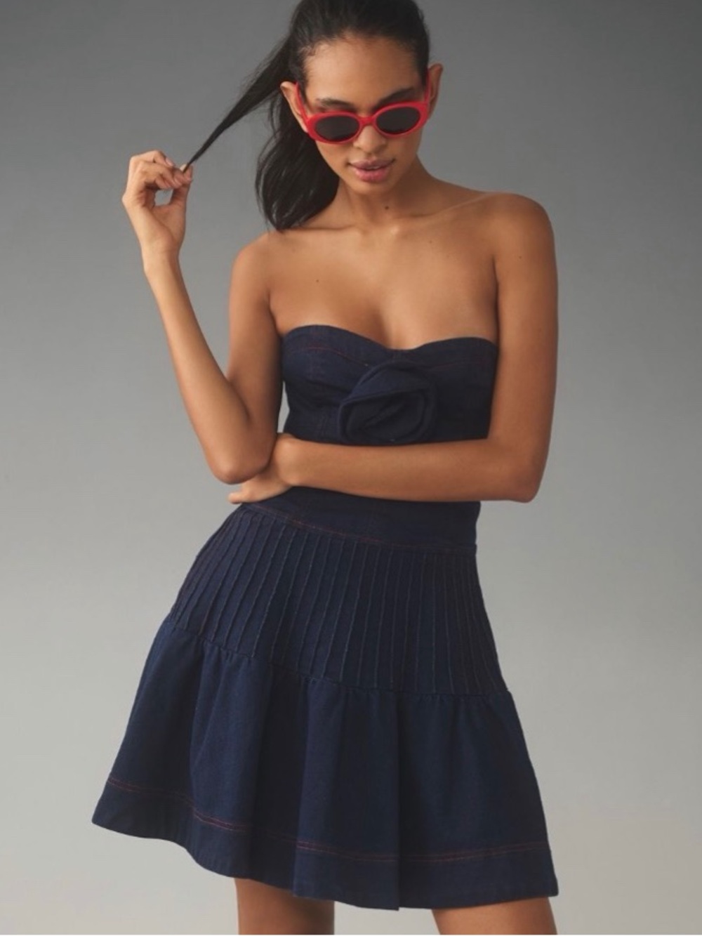 Anthropologie Maeve Rosette Strapless Denim Mini Dress 6P Pleated Fit Flare Blue